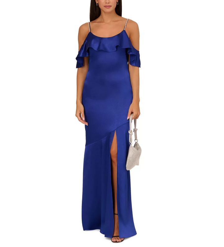 Adrianna by Adrianna Papell Liquid Satin Rhinestone-Strap Gown MSRP $275