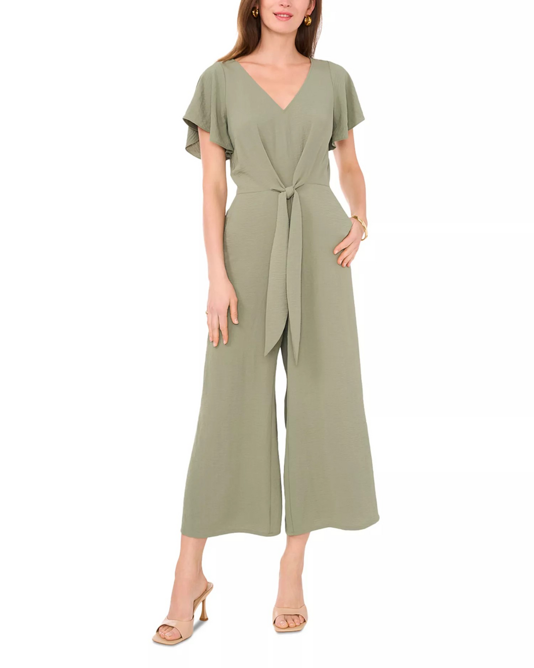 Vince Camuto Women's V-Neck Flutter-Sleeve Crop Wide-Leg Jumpsuit MSRP $109