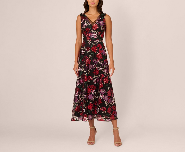 Adrianna Papell Women's Floral Sequin Fit & Flare Dress MSRP $279