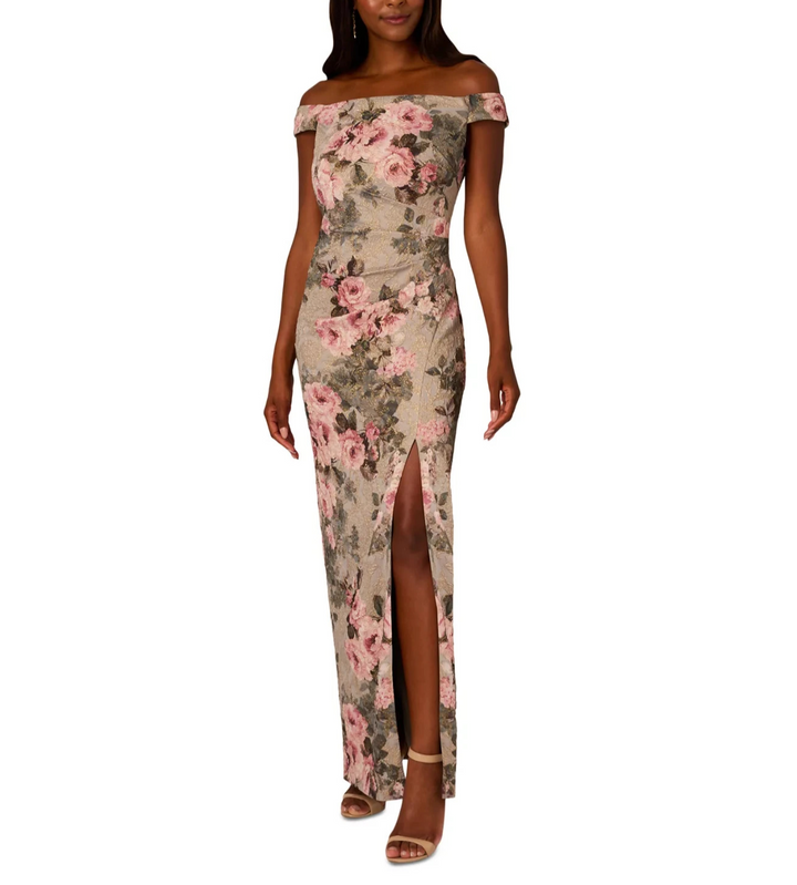 Adrianna Papell Metallic Jacquard Floral Print Off-The-Shoulder Gown MSRP $229