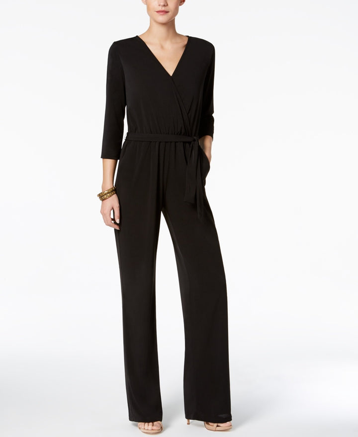 NY Collection Petite 3/4 Sleeve Belted Wide Leg Jumpsuit MSRP $66