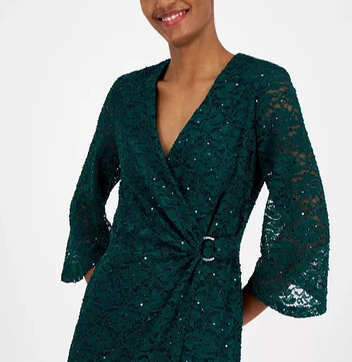 Connected Sequin-Lace 3/4-Sleeve Faux-Wrap Dress MSRP $99