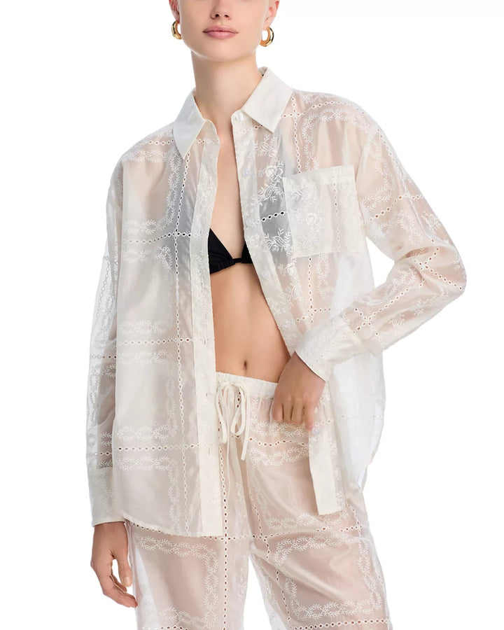 AQUA Embroidered Swim Cover-Up Shirt MSRP $88