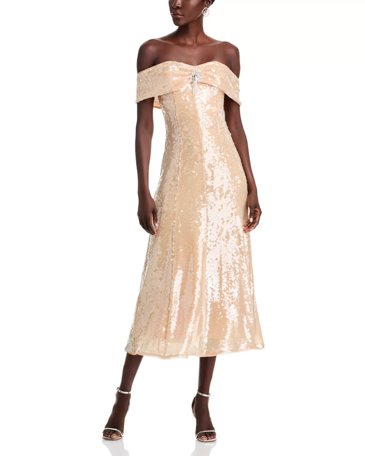 Self-Portrait Gold Sequin Off-the-Shoulder Dress MSRP $670