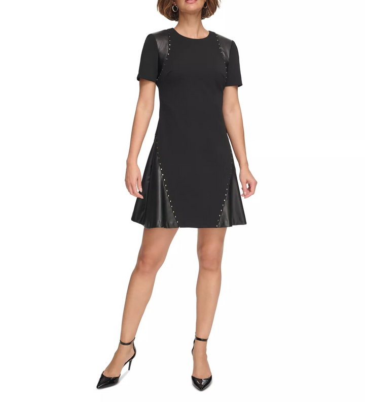 DKNY Women's Studded Mixed-Media Fit & Flare Dress MSRP $139
