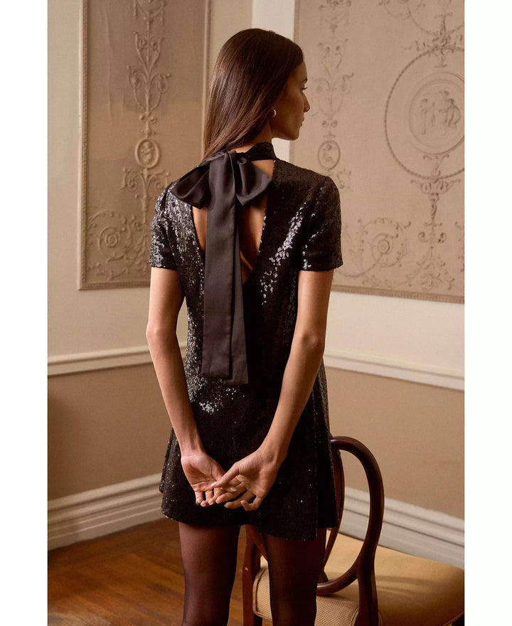 CeCe Mock-Neck Short-Sleeve Sequin A-Line Dress MSRP $119