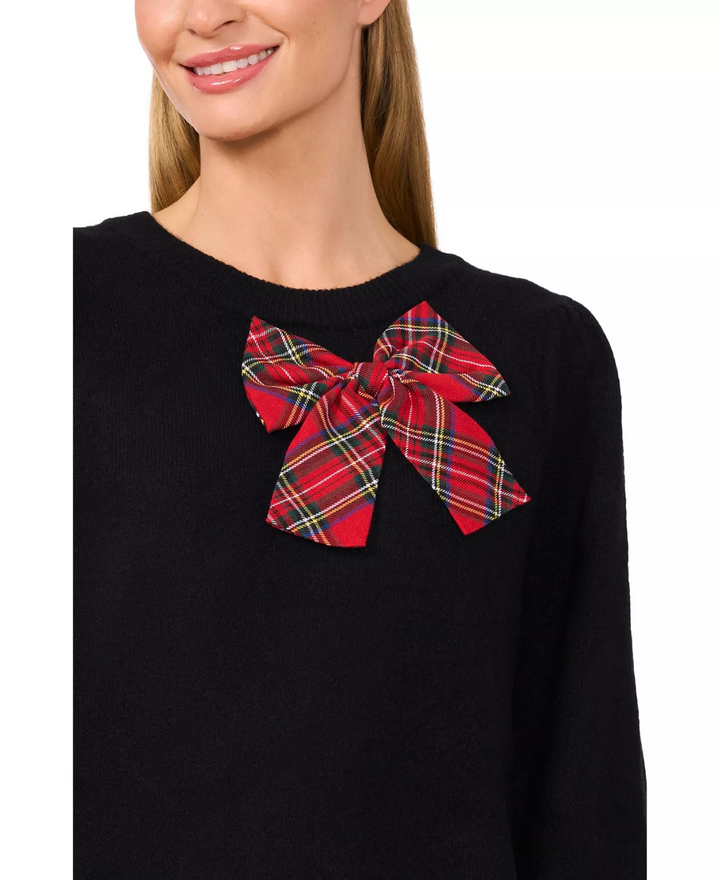 CeCe Women's Plaid Bow Crew Neck Sweater MSRP $79