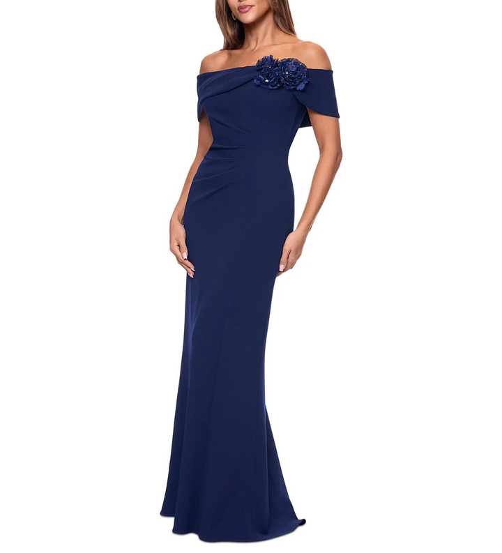 XSCAPE Floral-Trim Off-The-Shoulder Gown MSRP $259