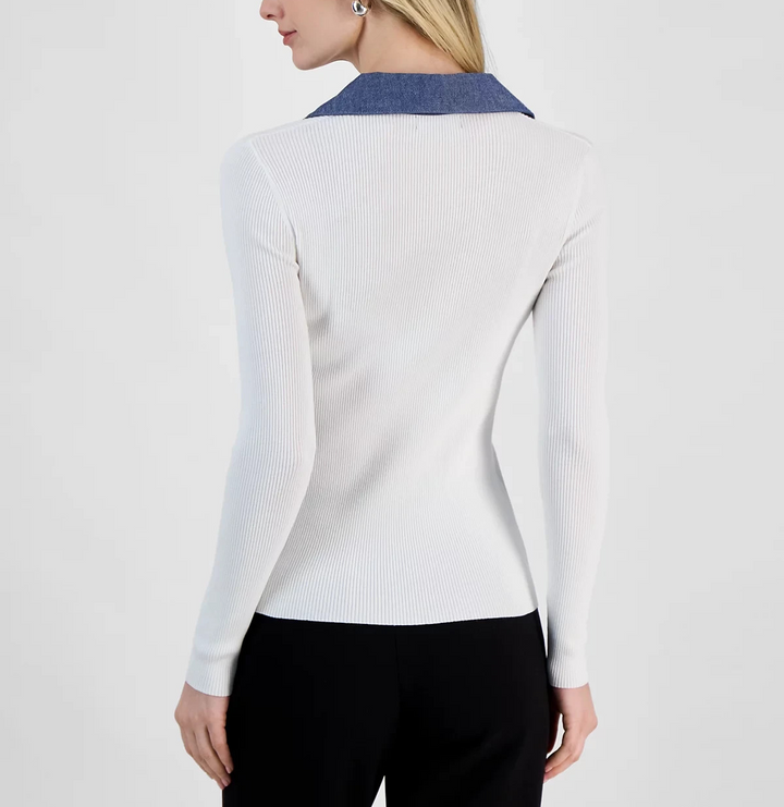 T Tahari Women's Contrast Collared Ribbed Knit Sweater MSRP $78