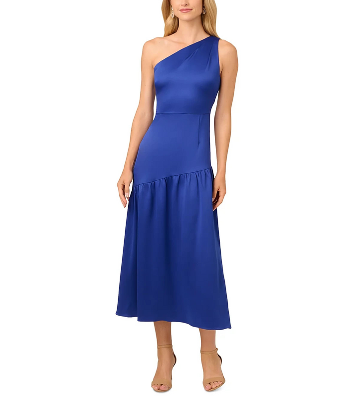 Adrianna Papell Satin Tea-Length One-Shoulder Dress MSRP $189