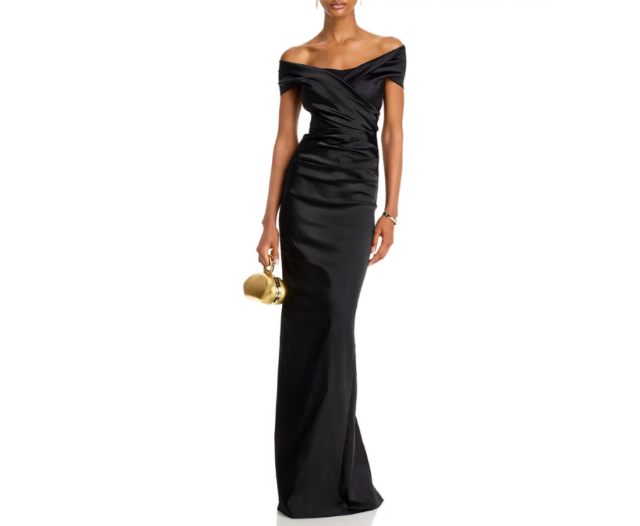 Teri Jon by Rickie Freeman Satin Stretch Off The Shoulder Gown MSRP $760