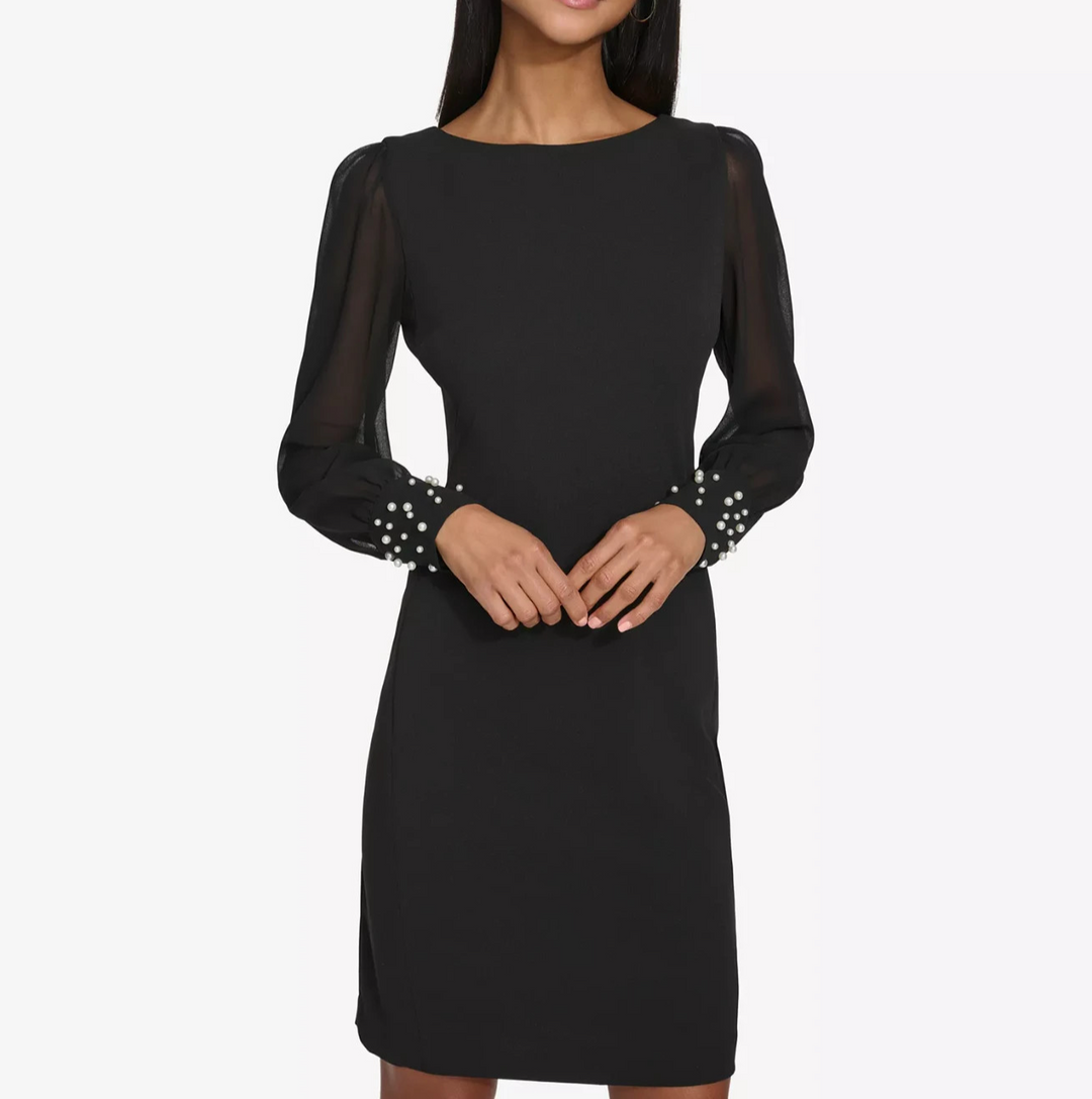 KARL LAGERFELD PARIS Illusion-Sleeve Beaded-Cuff Dress MSRP $138