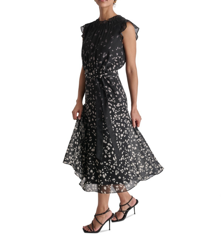 DKNY Women's Printed Ruffled Belted Midi Dress MSRP $ 134
