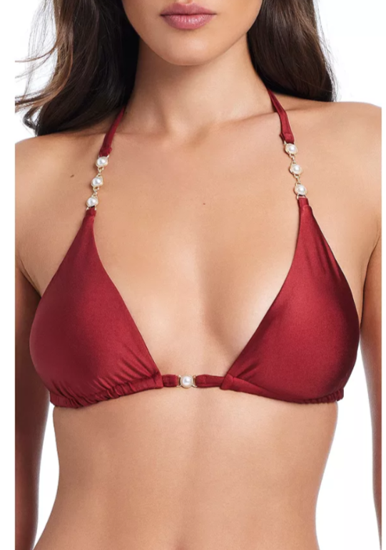 Red Carter Pearls Of Wisdom Triangle Bikini Top & Tie Side Bikini Bottom $132