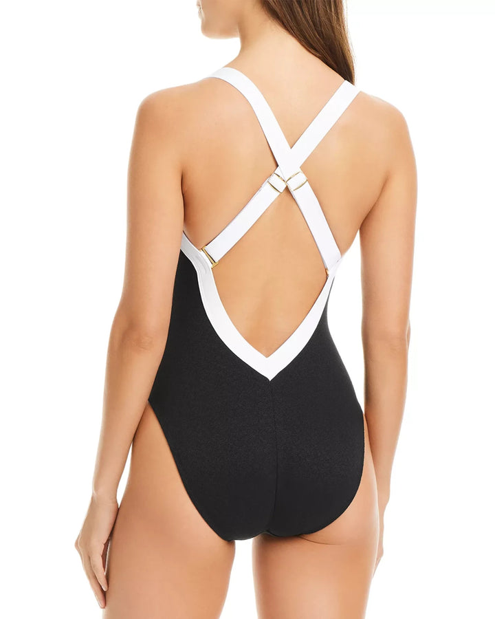 Bleu Rod Beattie Plunge Neck Cross Back One Piece Swimsuit MSRP $119