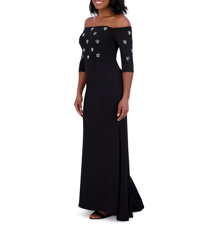 Eliza J Beaded 3/4-Sleeve Off-The-Shoulder Gown MSRP $208
