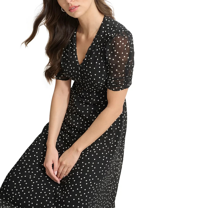 DKNY Polka-Dot V-Neck Button-Trim Midi Dress MSRP $134