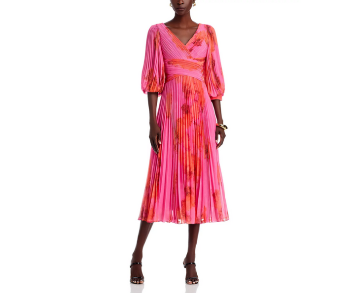 Teri Jon by Rickie Freeman Printed Chiffon Pleated Dress MSRP $710