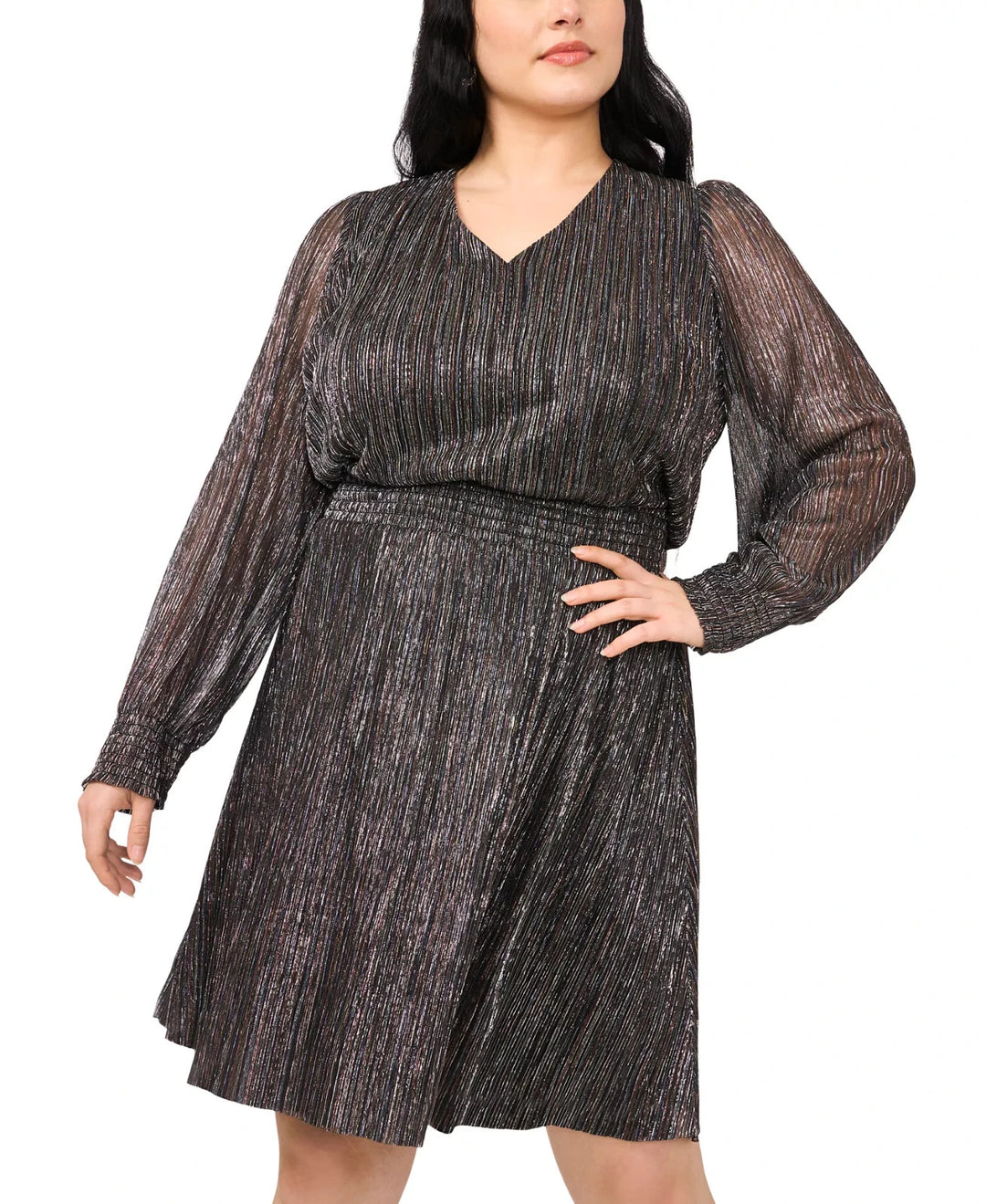 MSK Plus Size V-Neck Metallic-Threaded Smocked-Waist Dress MSRP $89