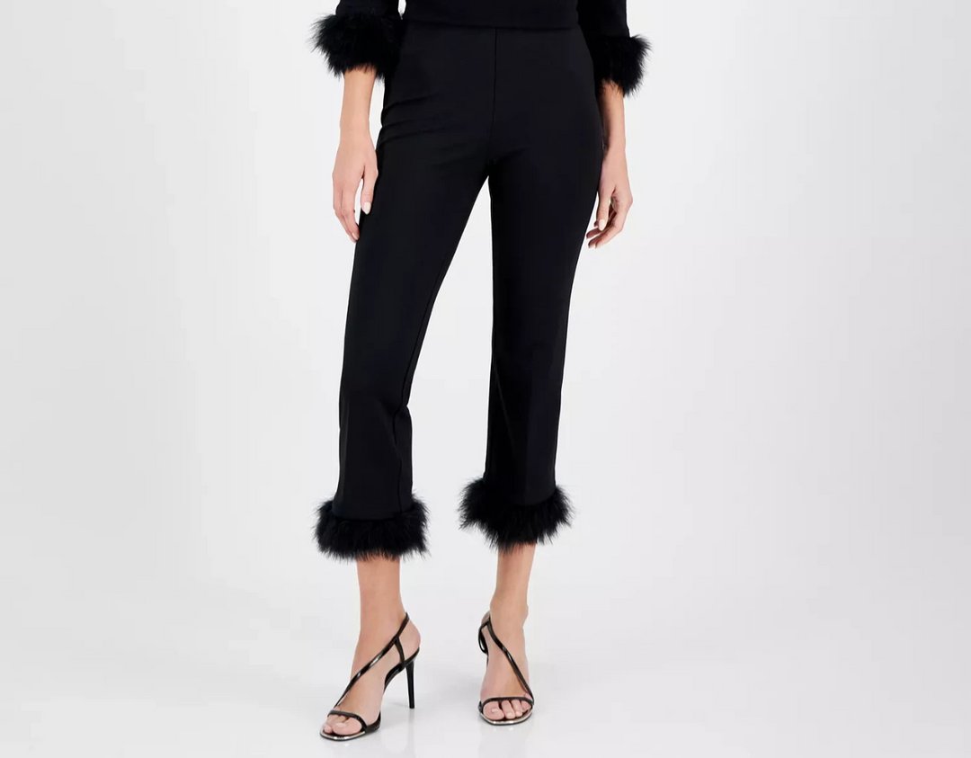 Anne Klein Women's High Rise Feather-Trim Pants
