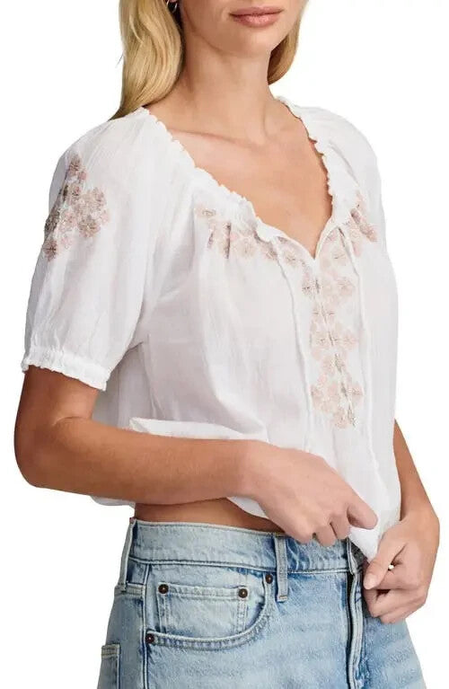 Lucky Brand Embroidered Cotton Peasant Top MSRP $69