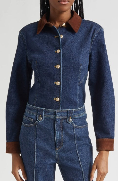 Cinq à Sept Suede Combo Denim Shirt MSRP $395