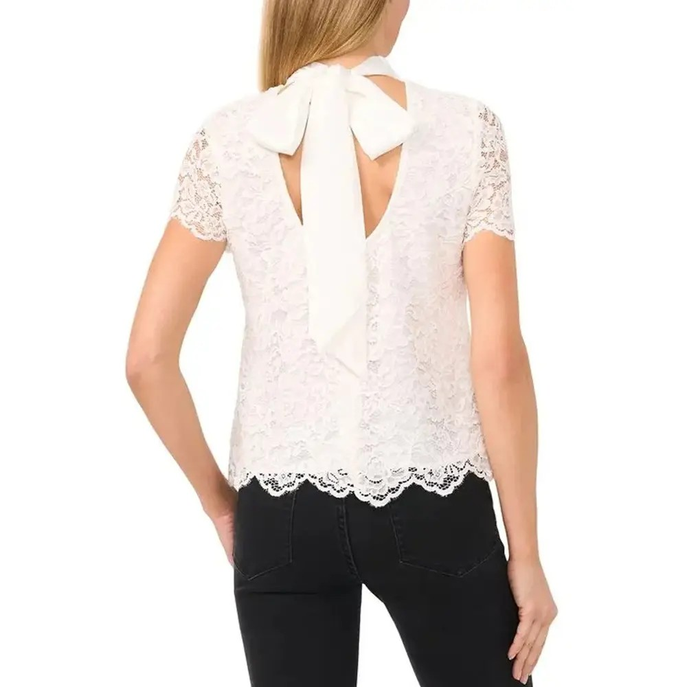 CeCe Women's Lace Mock Neck Cap Sleeve Blouse MSRP $89