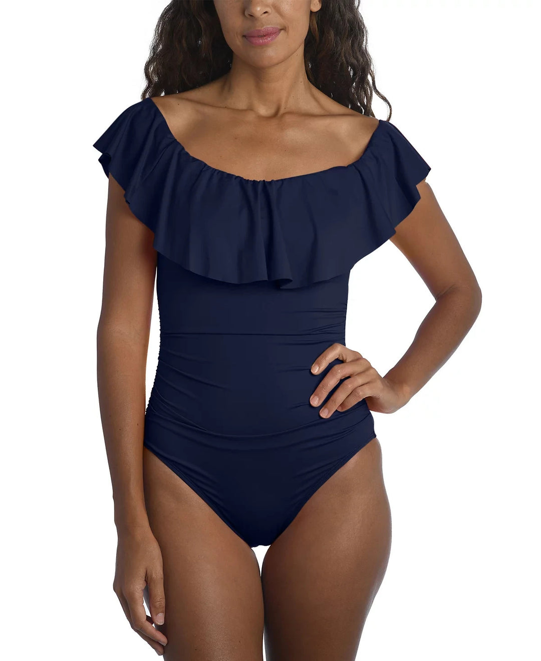 La Blanca Island Goddess Off-The-Shoulder Ruffled One-Piece Swimsuit MSRP $130