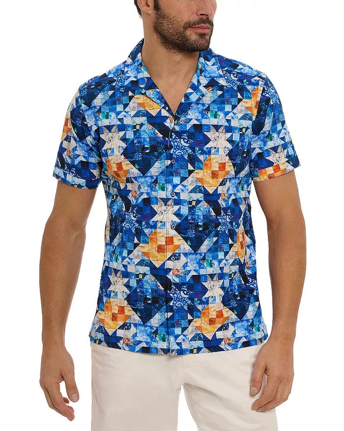 Robert Graham Sashiko Patchwork Print Regular Fit Camp Shirt MSRP $228