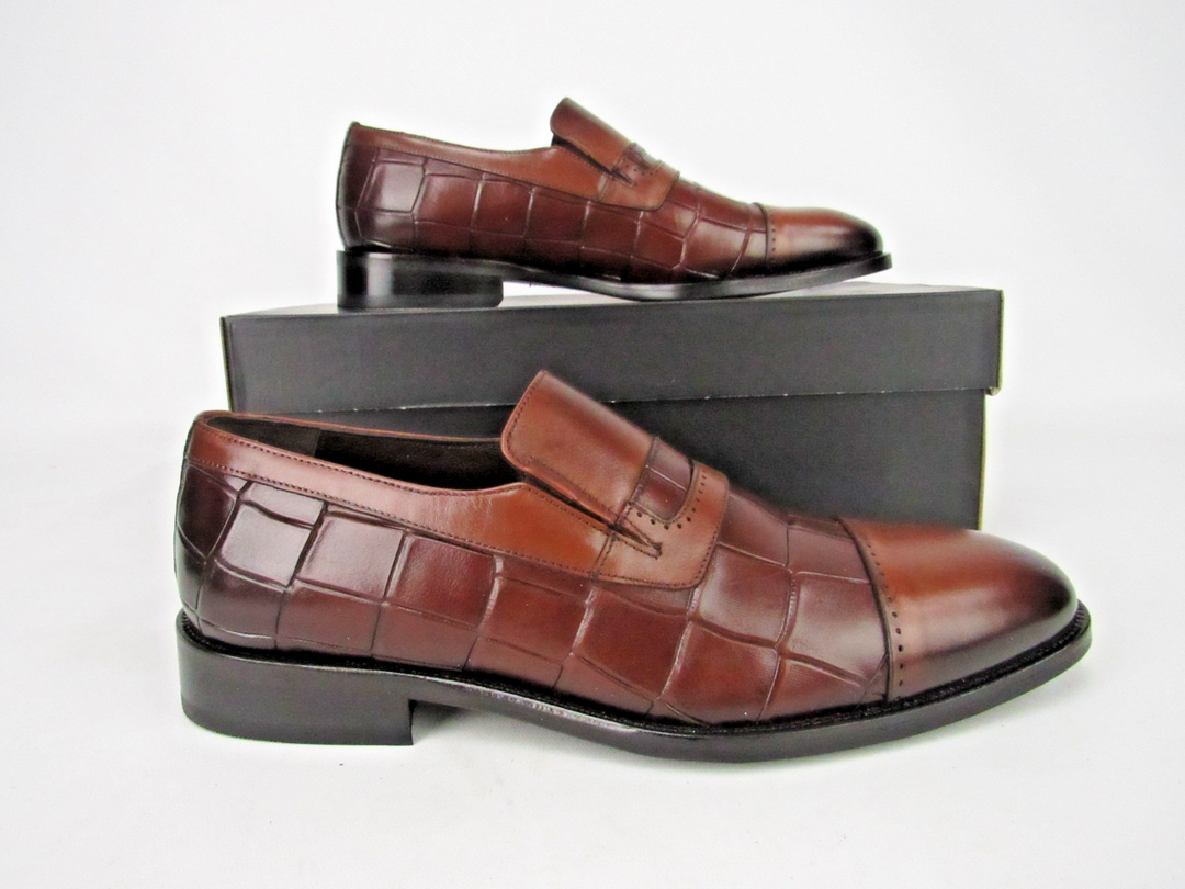Premium Men’s Embossed Calf Leather Cap-Toe Loafers – Handcrafted Size EU 41