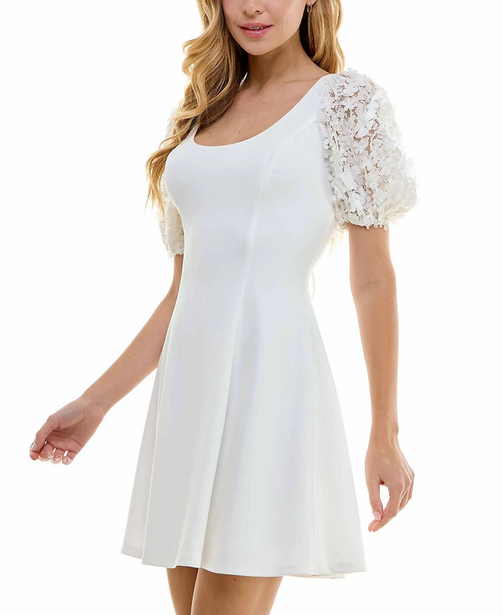 City Studios Juniors' Embellished Puff-Sleeve Fit & Flare Dress MSRP $49