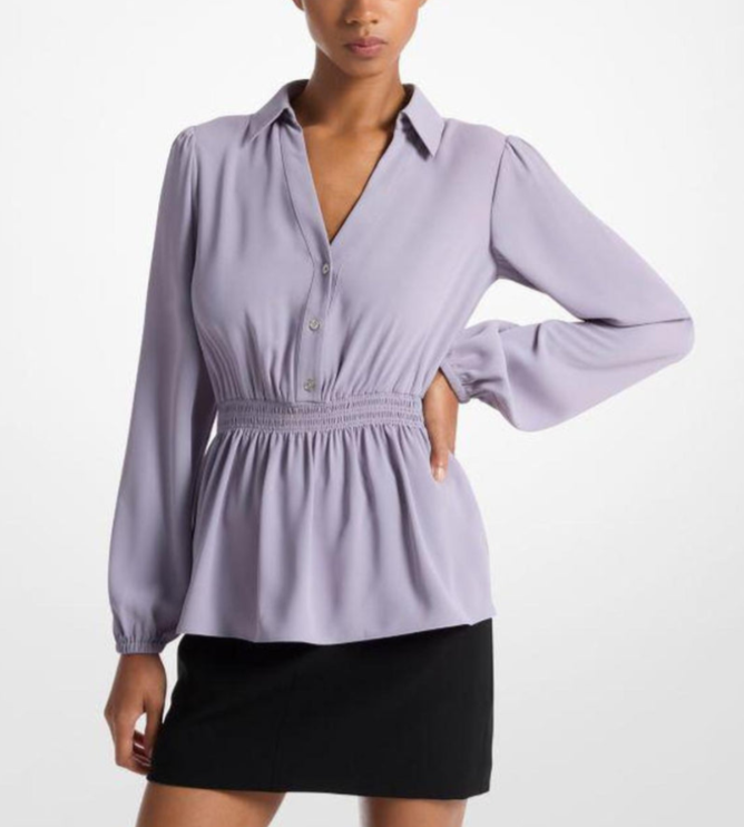 MICHAEL Michael Kors Split-Neck Smocked-Waist Top MSRP $110