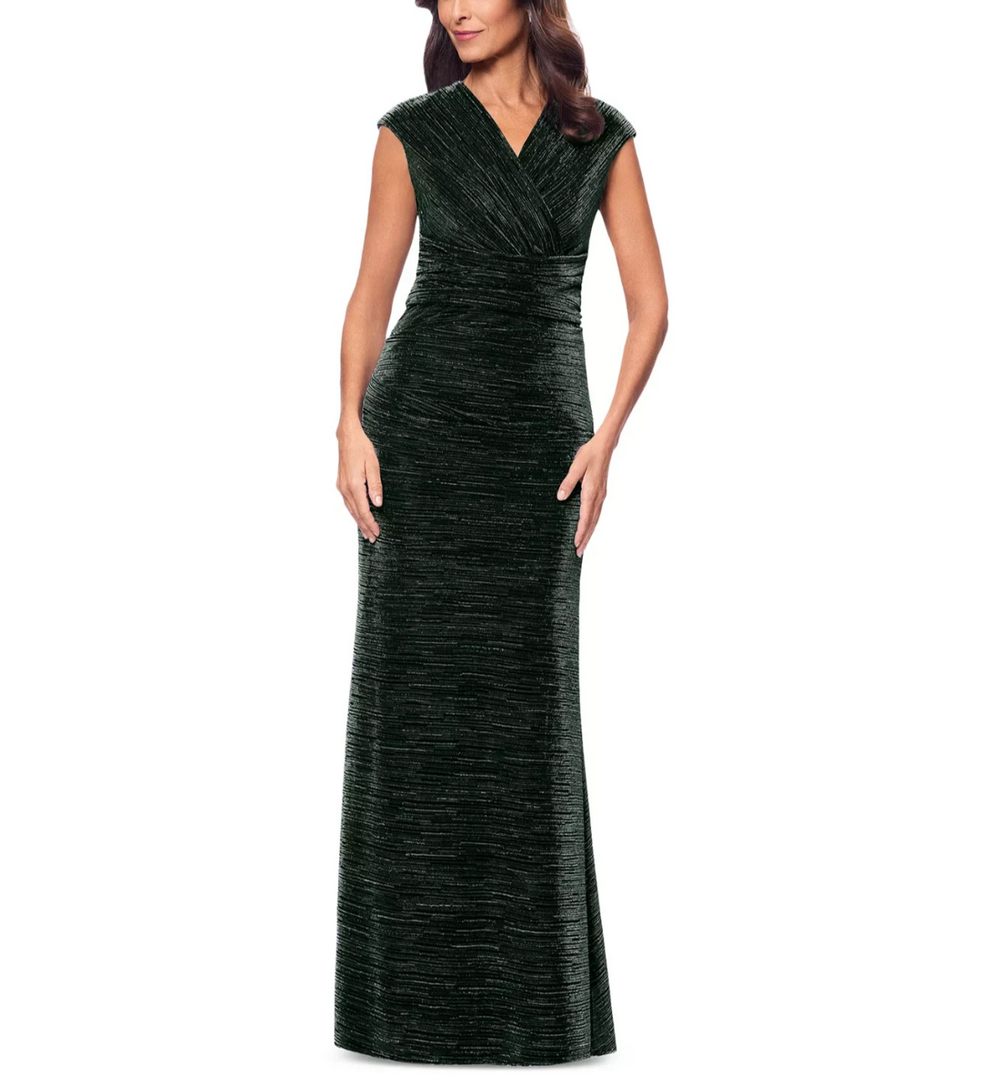 Betsy & Adam Metallic Cap-Sleeve Surplice Gown MSRP $269