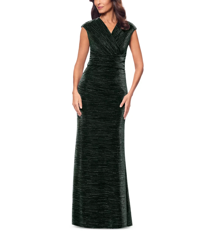 Betsy & Adam Metallic Cap-Sleeve Surplice Gown MSRP $269