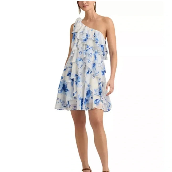 Ralph Lauren Blue Floral One-Shoulder Ruffle Dress MSRP $245