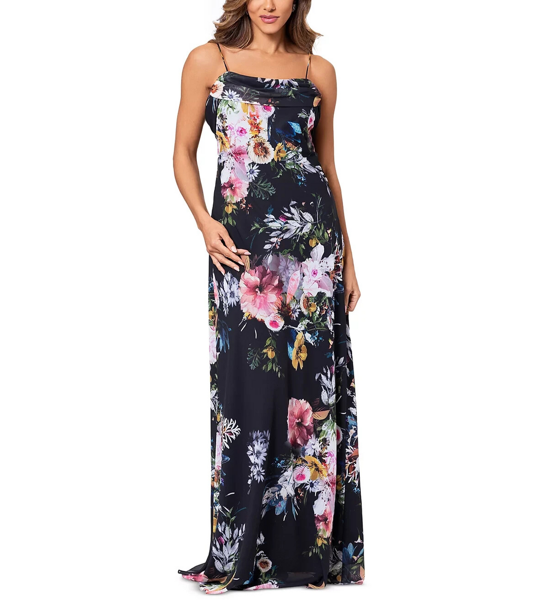 Betsy & Adam Petite Floral-Print Drape-Neck Gown MSRP $199