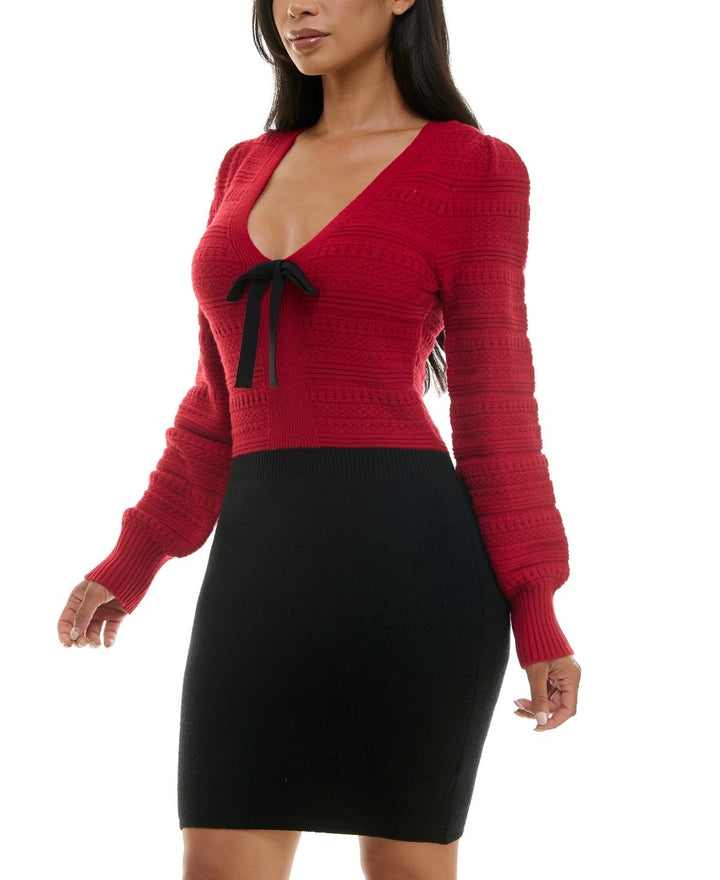 Bcx Juniors' V-Neck Long-Sleeve Bow-Trim Sweater Dress MSRP $69