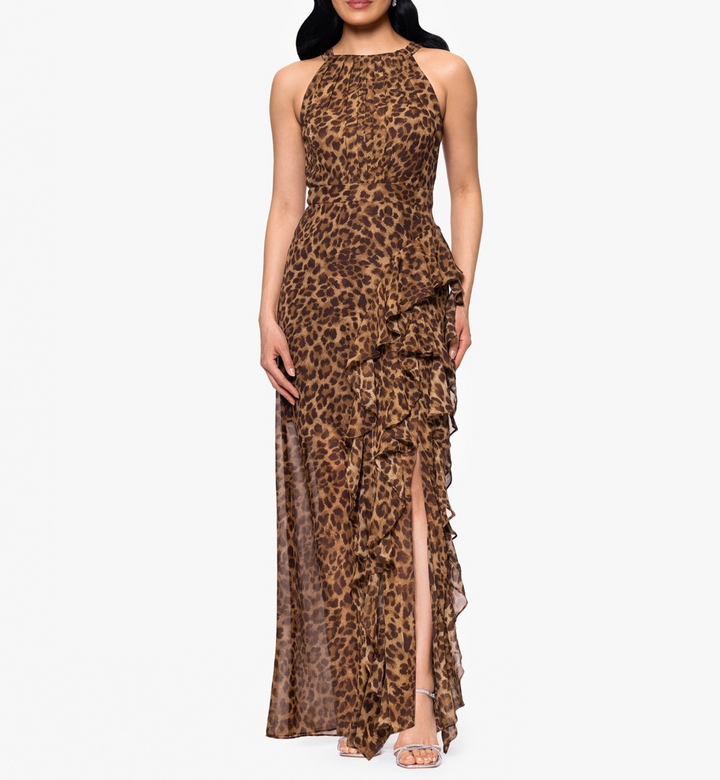 Betsy & Adam Petites Printed Halter Long Sheath Dress MSRP $239