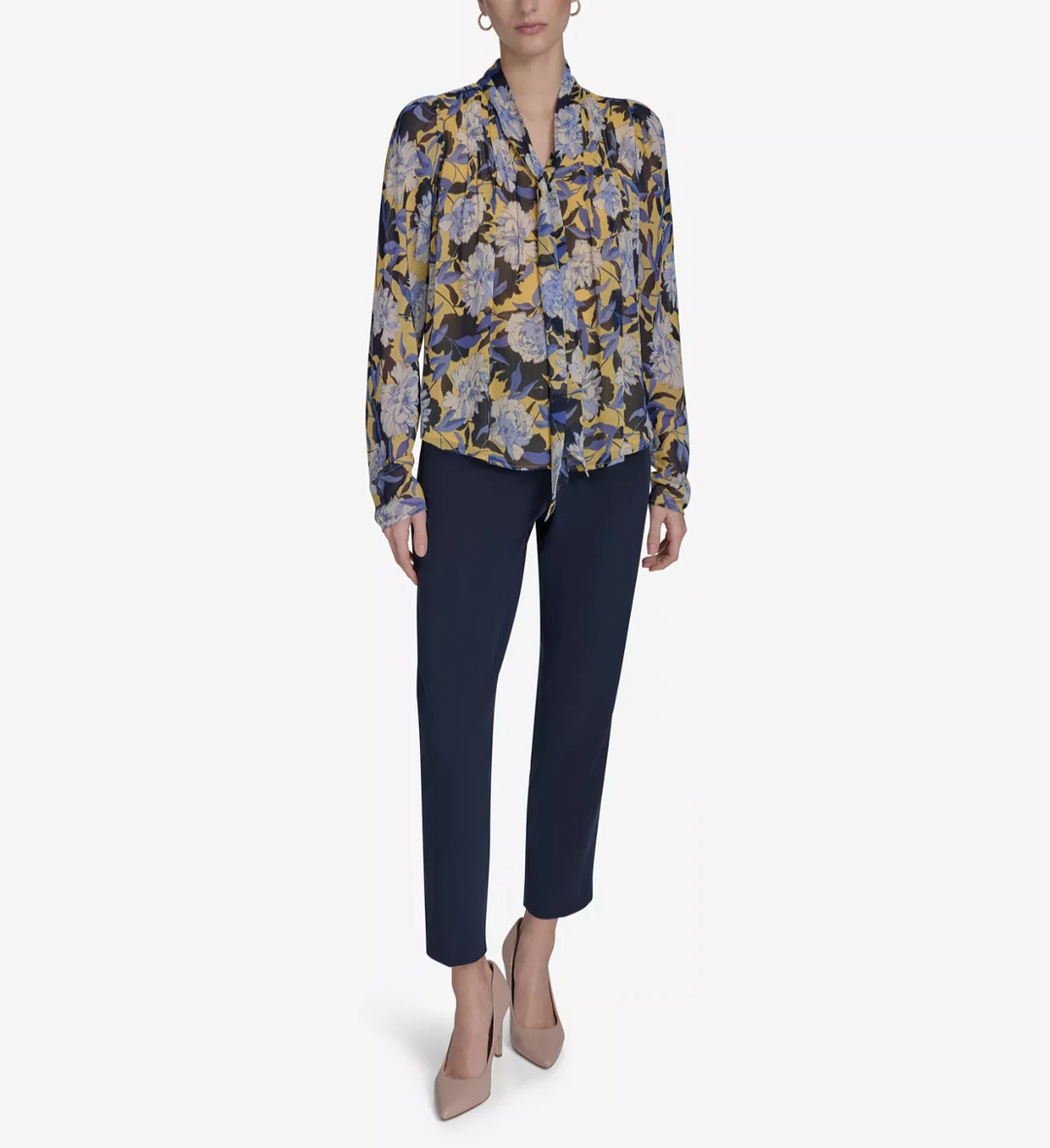Tommy Hilfiger Women's Floral-Print Pleated Tie-Neck Blouse MSRP $89