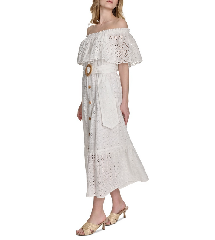Eliza J Women's Cotton Off-The-Shoulder Belted Midi Dress MSRP $188
