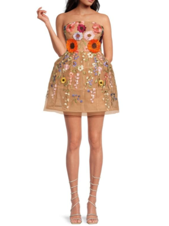 BCBGMAXAZRIA Tulle Floral Strapless Mini Dress MSRP $498