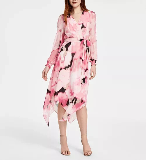 Anne Klein Printed Smocked-Cuff Midi Dress MSRP $139