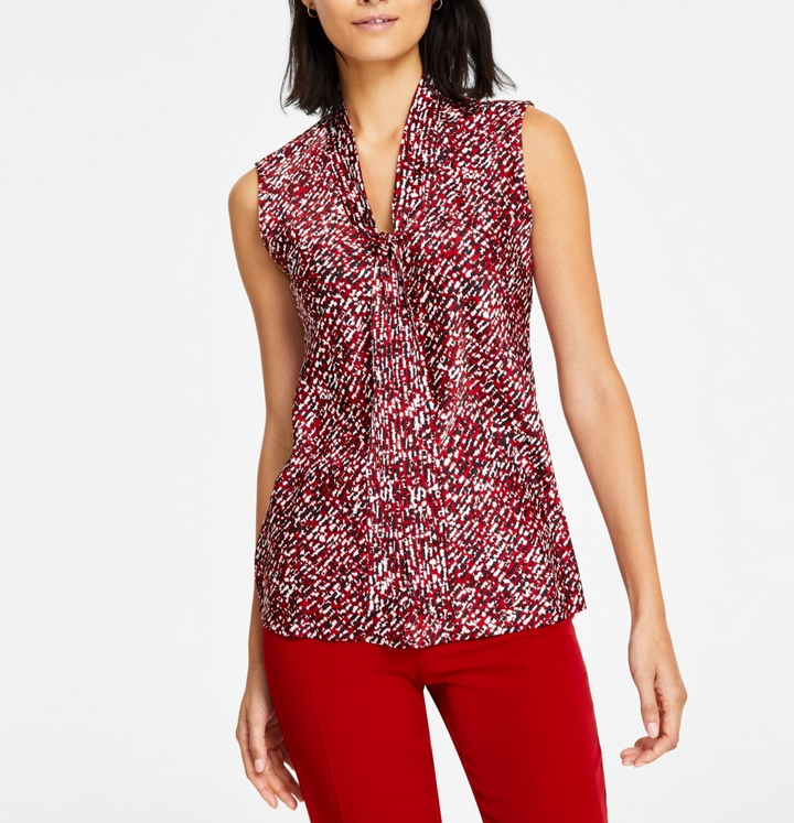 Kasper Women's Satin Printed Tie-Neck Sleeveless Blouse MSRP $59