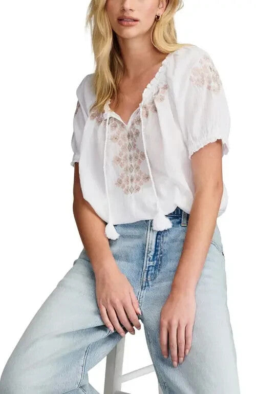 Lucky Brand Embroidered Cotton Peasant Top MSRP $69