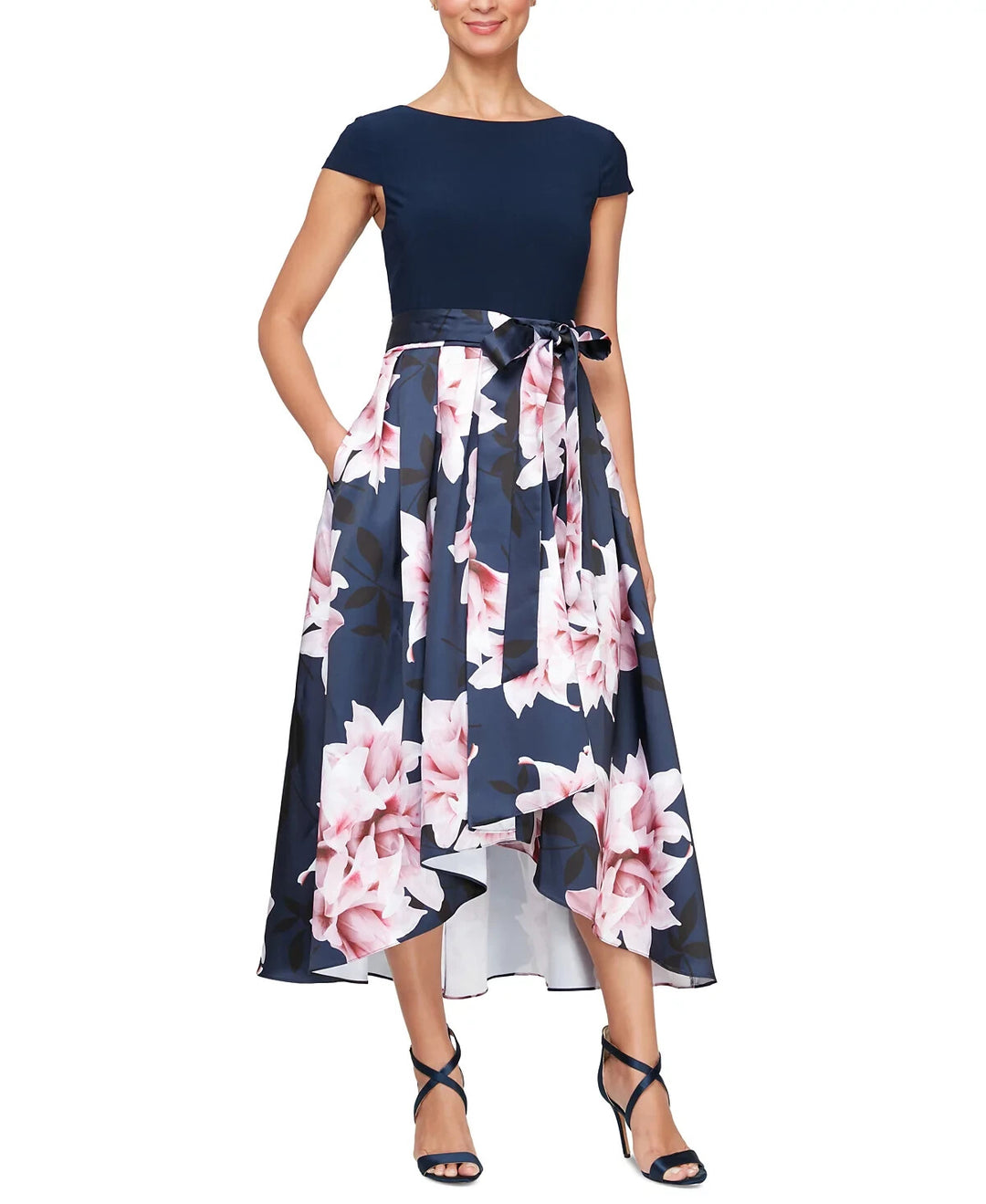SL Fashions Cap-Sleeve Belted High-Low Dress MSRP $139
