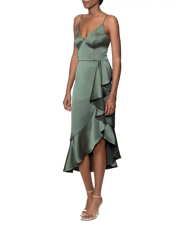 aqua asymmetrical ruffle dress Women's Blue Lara Aqua Floral Ruffle Midi Trapeze Dress, Sleeveless V Neck, Delfi Collective, Extra Small, Casual Beachwear