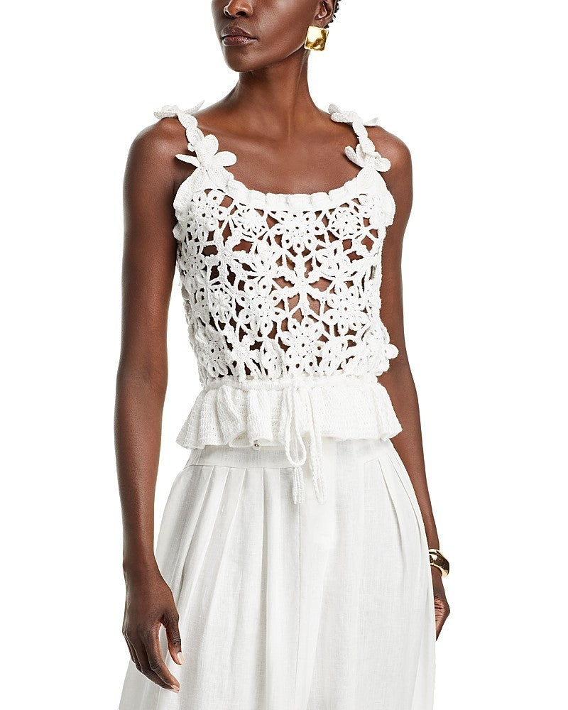 FARM Rio White Flowers Crochet Top MSRP $248