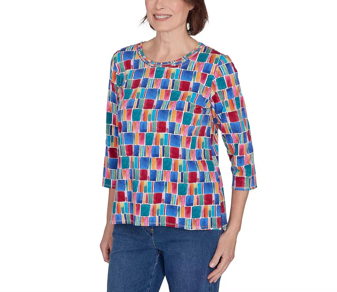 Alfred Dunner Box Print 3/4 Sleeve Top MSRP $49