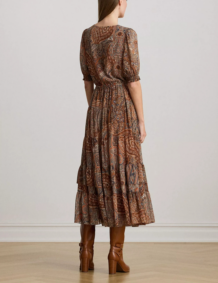 Lauren Ralph Lauren Women's Paisley Belted Crinkle Georgette Dress MSRP $225