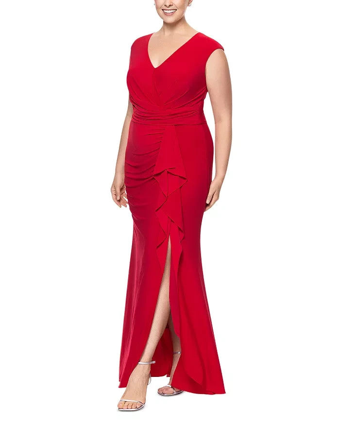 AQUA V-Neck Cascade Ruffle Gown